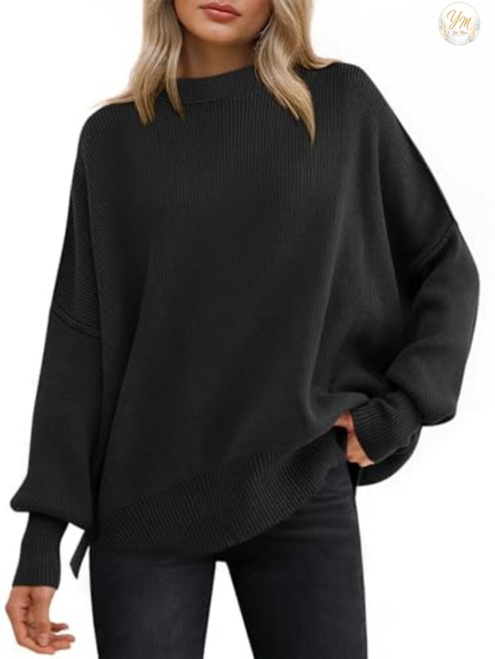 Oversized Batwing Sleeve Crew Neck Knit Pullover Sweater with Side Slit, Casual